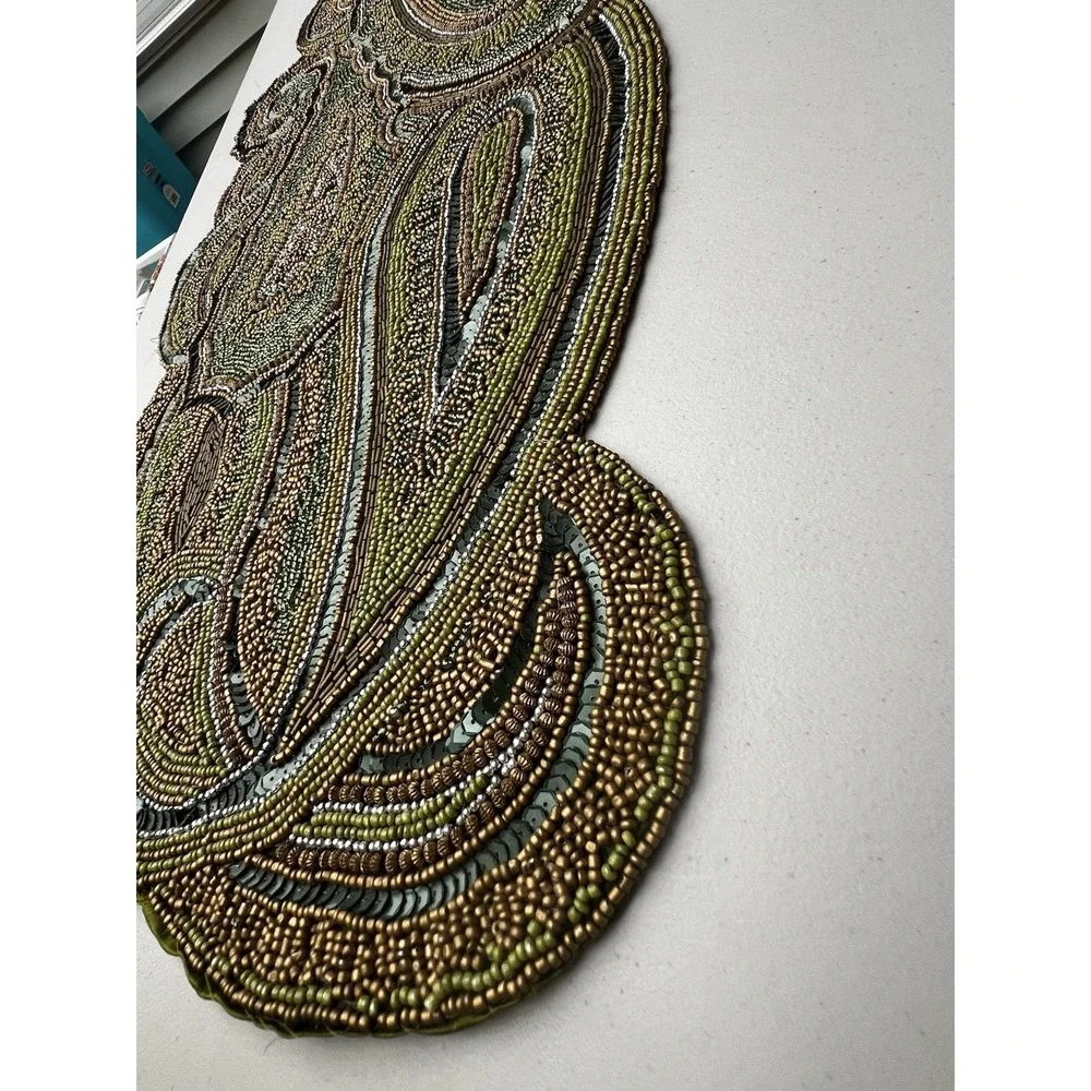 Pier 1 Imports Glass Beaded Paisley Table Runner 13x34 Green Gold India